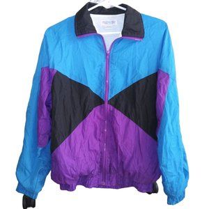 VTG Marina Bay Blue and Purple Color Block Windbreaker Zip Jacket Unisex Medium